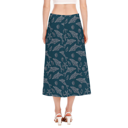 Vintage Dolphins Pattern Print Side Slit Midi Skirt