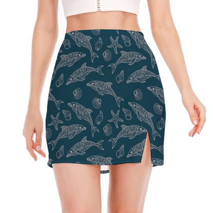 Vintage Dolphins Pattern Print Side Slit Mini Skirt