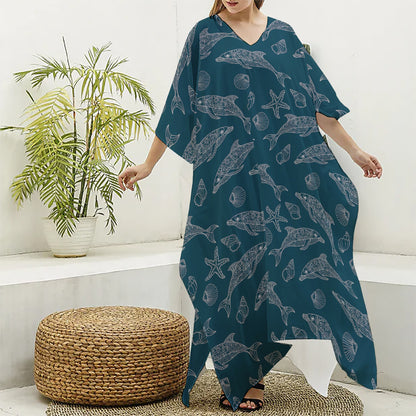 Vintage Dolphins Pattern Print Silk V-Neck Kaftan Dress