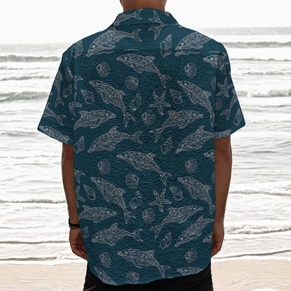 Vintage Dolphins Pattern Print Textured Short Sleeve Shirt