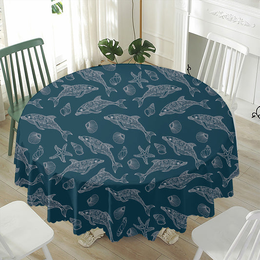 Vintage Dolphins Pattern Print Waterproof Round Tablecloth