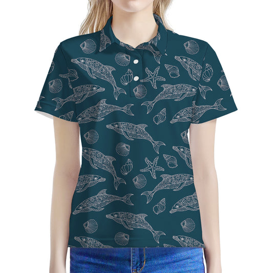 Vintage Dolphins Pattern Print Women's Polo Shirt