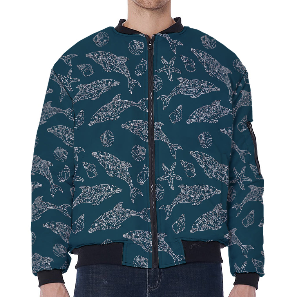 Vintage Dolphins Pattern Print Zip Sleeve Bomber Jacket