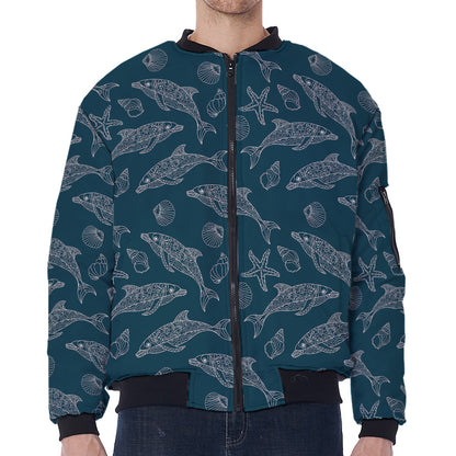 Vintage Dolphins Pattern Print Zip Sleeve Bomber Jacket