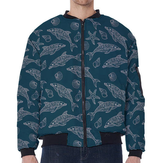 Vintage Dolphins Pattern Print Zip Sleeve Bomber Jacket
