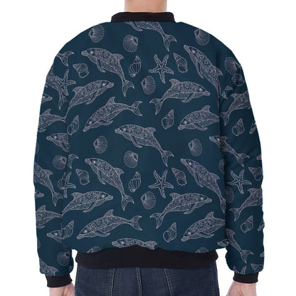 Vintage Dolphins Pattern Print Zip Sleeve Bomber Jacket