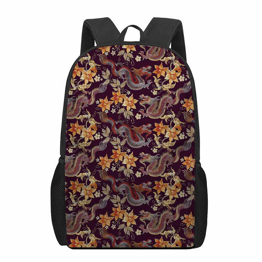 Vintage Dragon Flower Pattern Print 17 Inch Backpack