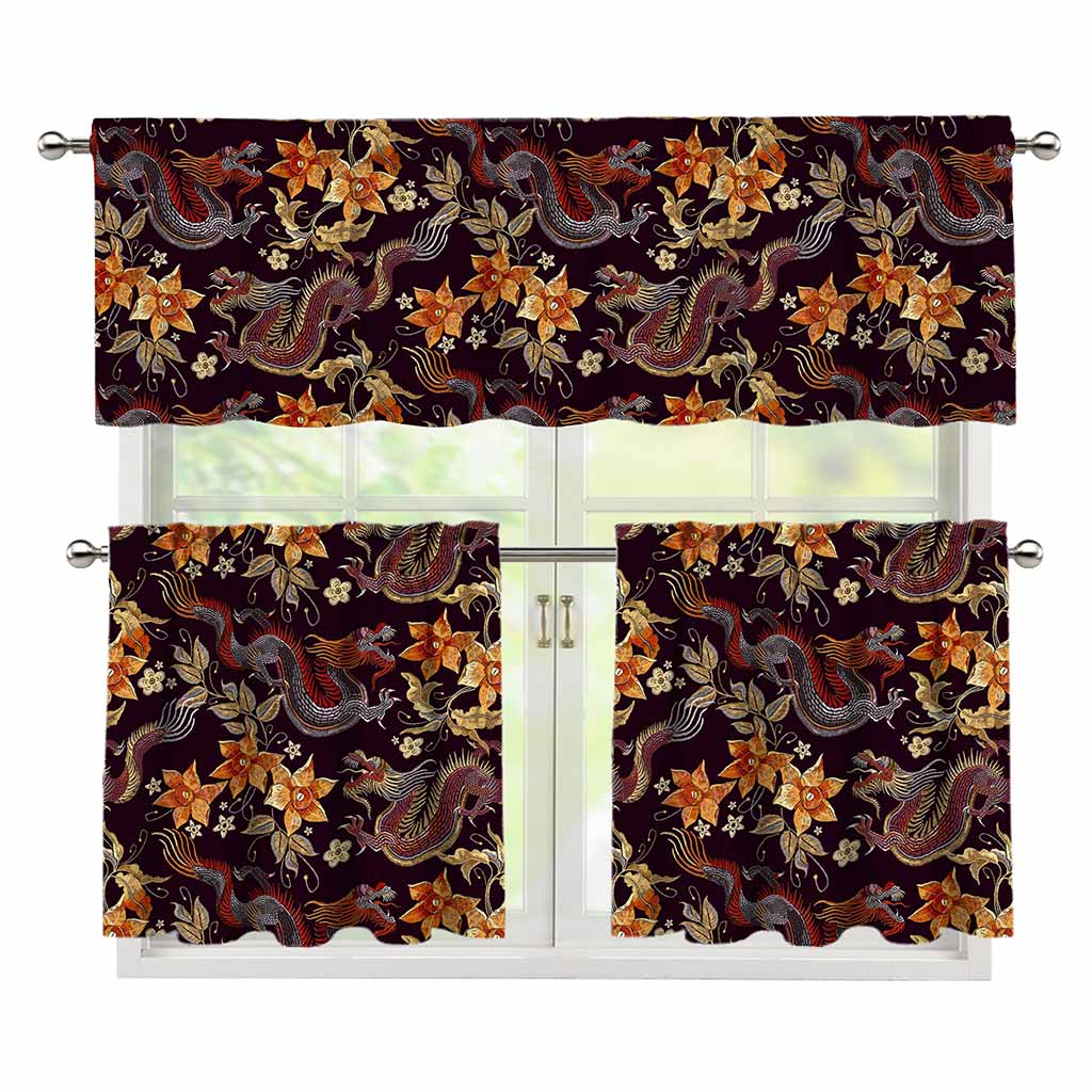 Vintage Dragon Flower Pattern Print 3 Piece Kitchen Curtains