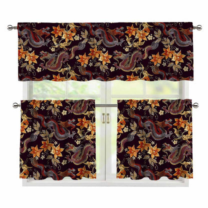 Vintage Dragon Flower Pattern Print 3 Piece Kitchen Curtains