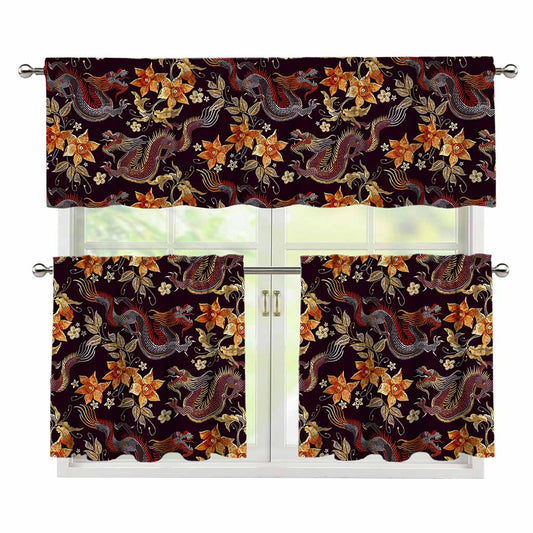 Vintage Dragon Flower Pattern Print 3 Piece Kitchen Curtains