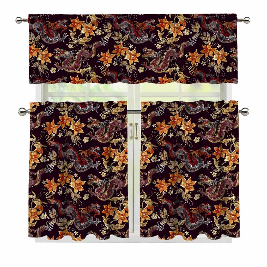 Vintage Dragon Flower Pattern Print 3 Piece Kitchen Curtains