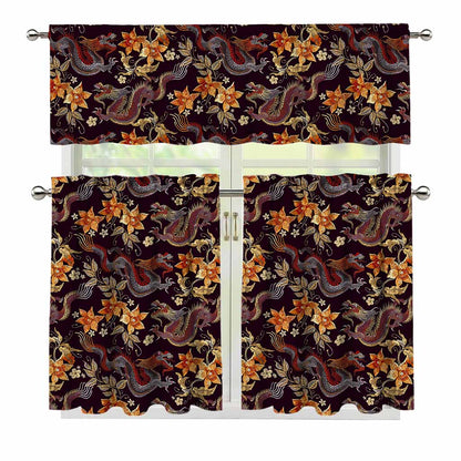 Vintage Dragon Flower Pattern Print 3 Piece Kitchen Curtains