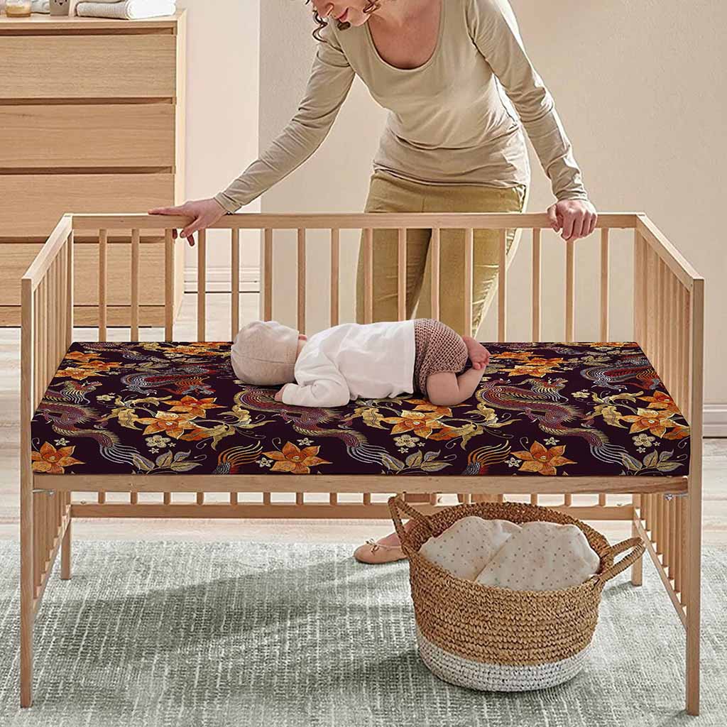Vintage Dragon Flower Pattern Print Baby Crib Sheet