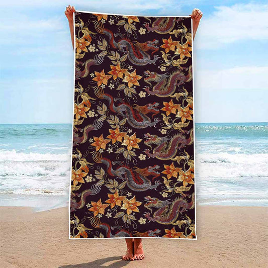 Vintage Dragon Flower Pattern Print Beach Towel