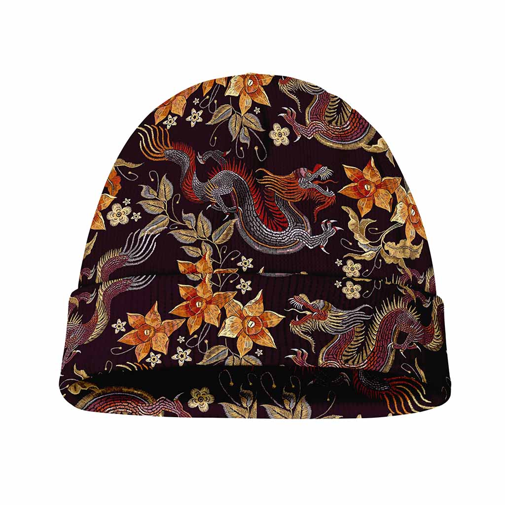 Vintage Dragon Flower Pattern Print Beanie