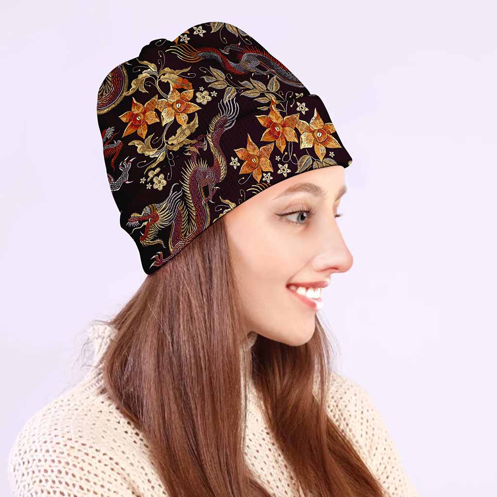 Vintage Dragon Flower Pattern Print Beanie