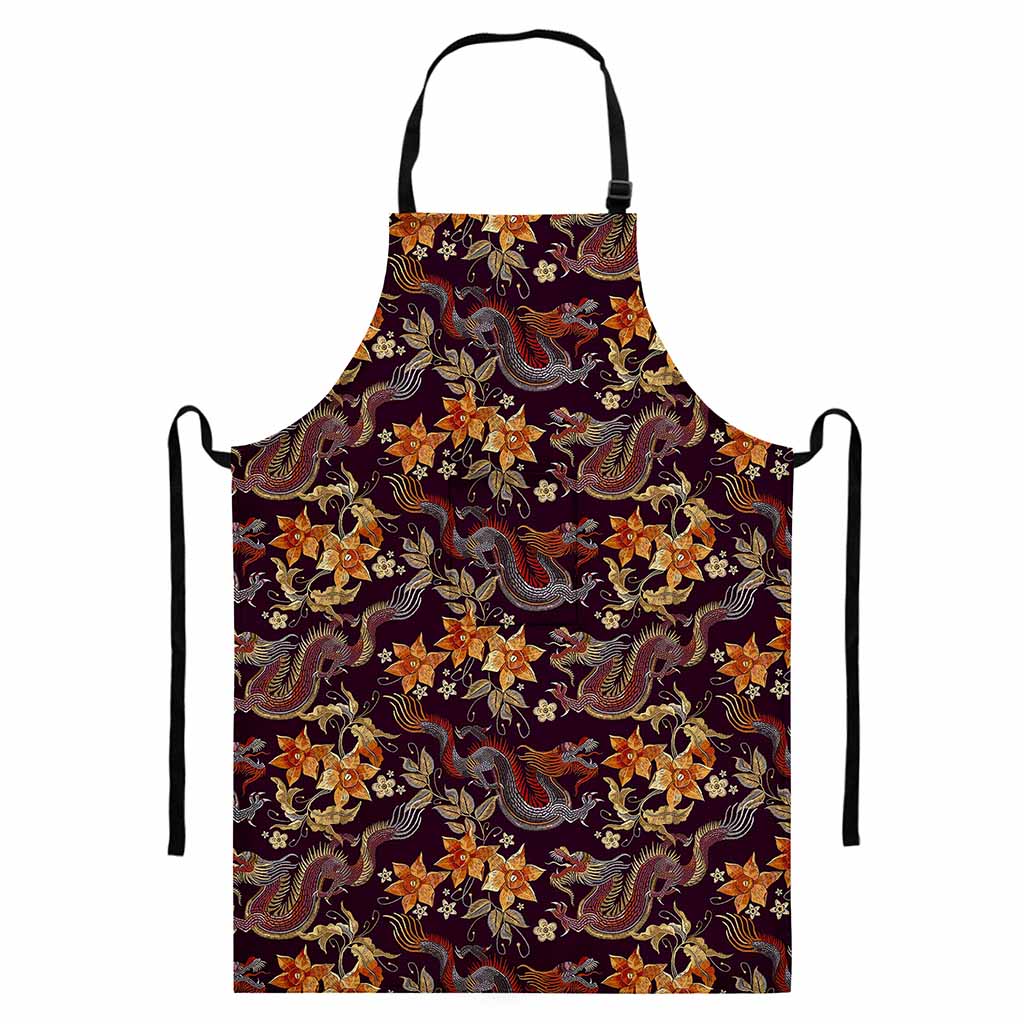 Vintage Dragon Flower Pattern Print Bib Apron With Pocket