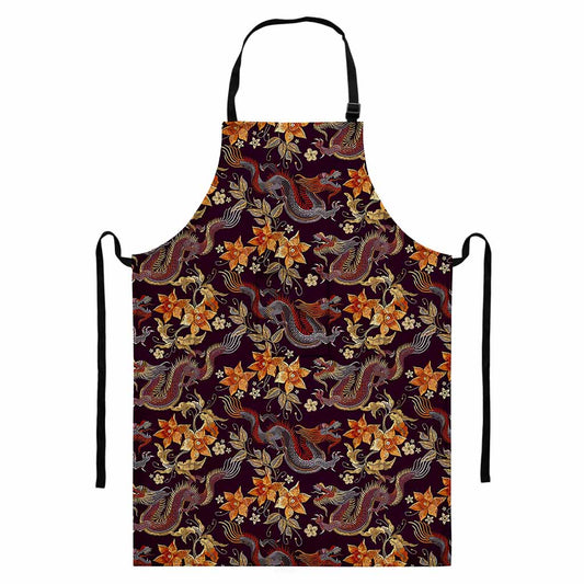 Vintage Dragon Flower Pattern Print Bib Apron With Pocket