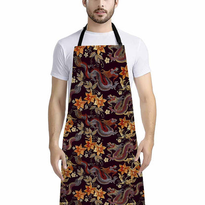 Vintage Dragon Flower Pattern Print Bib Apron With Pocket