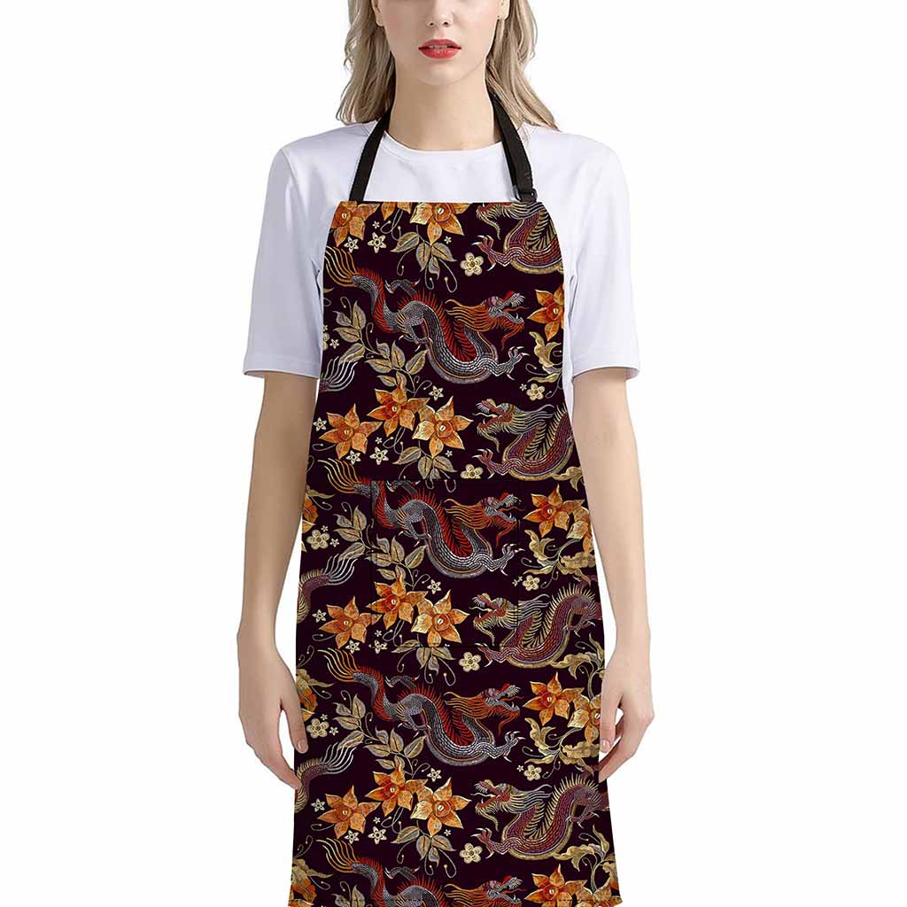Vintage Dragon Flower Pattern Print Bib Apron With Pocket