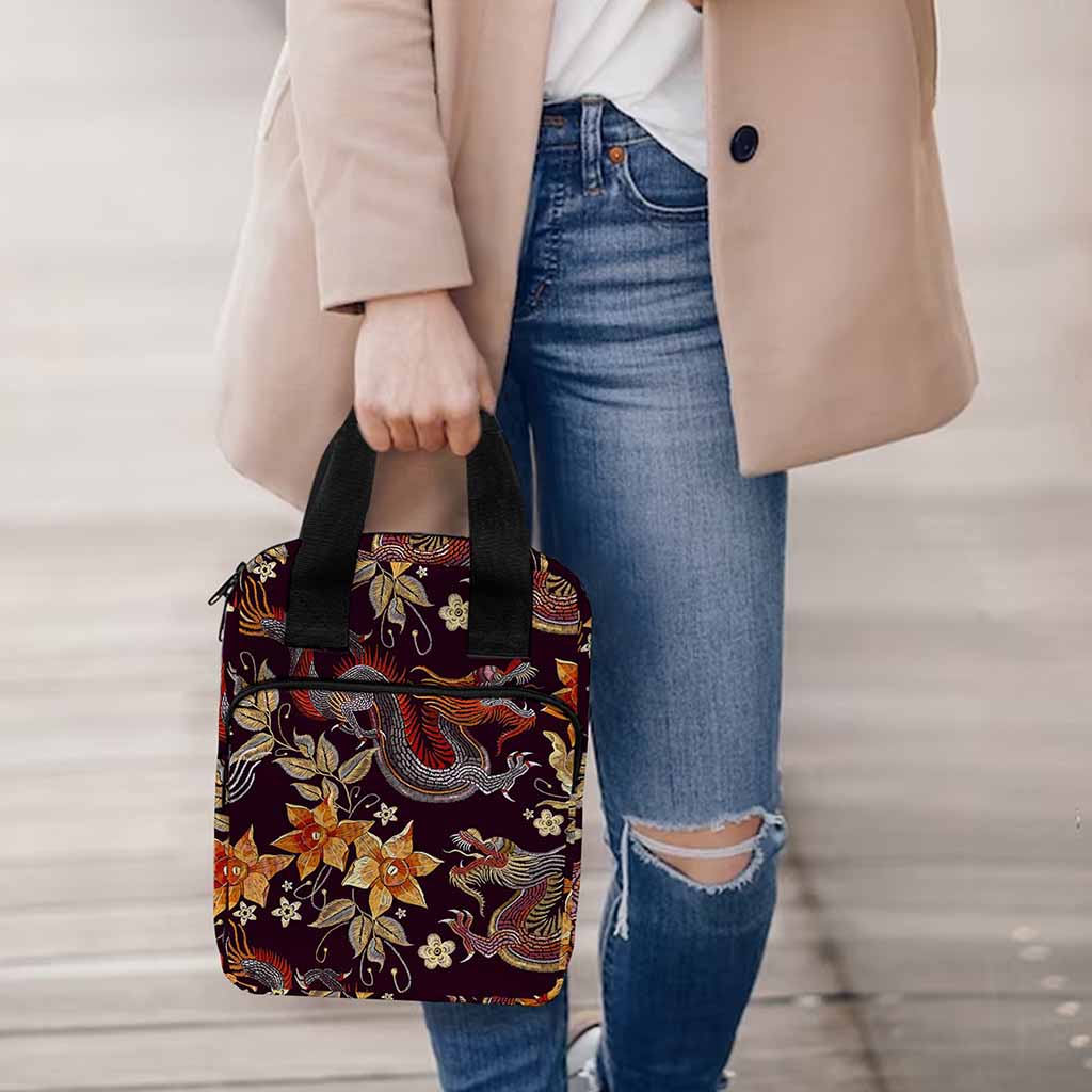 Vintage Dragon Flower Pattern Print Bible Tote Bag