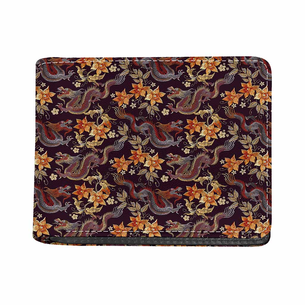 Vintage Dragon Flower Pattern Print Bifold Wallet
