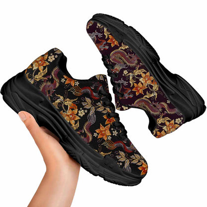 Vintage Dragon Flower Pattern Print Black Chunky Shoes