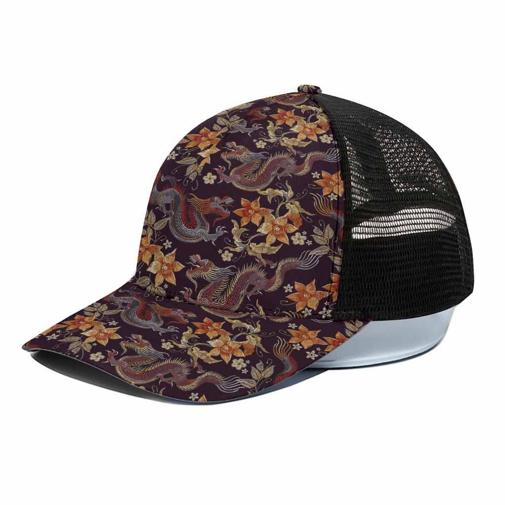 Vintage Dragon Flower Pattern Print Black Mesh Trucker Cap