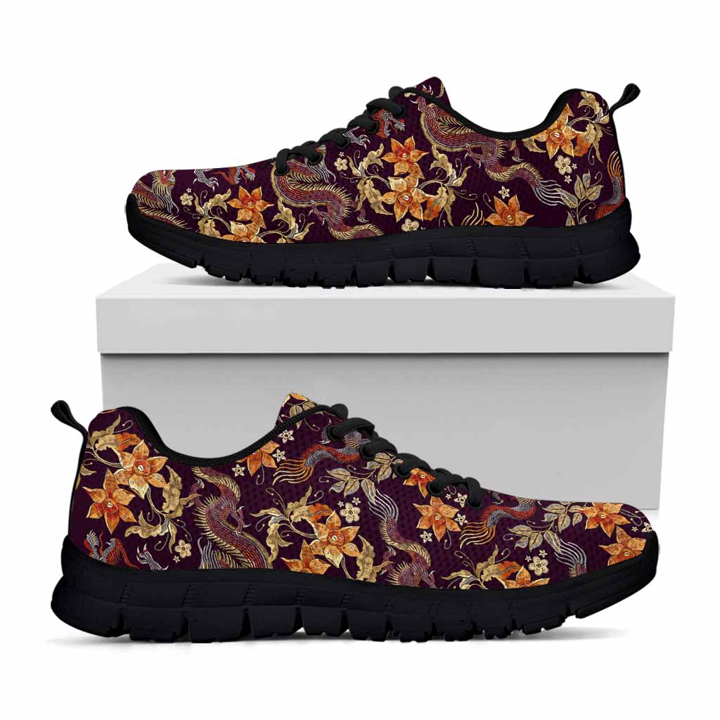 Vintage Dragon Flower Pattern Print Black Running Shoes