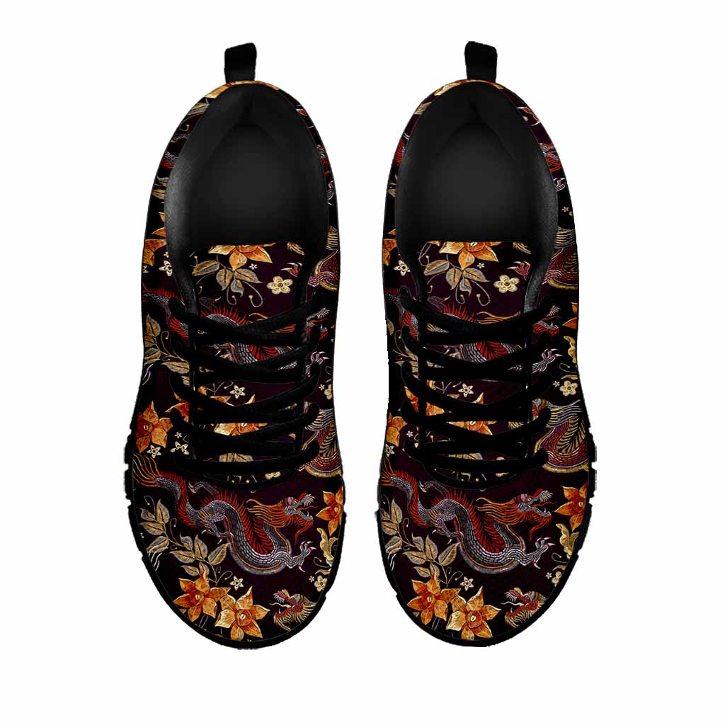 Vintage Dragon Flower Pattern Print Black Running Shoes