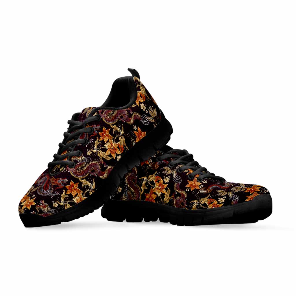 Vintage Dragon Flower Pattern Print Black Running Shoes