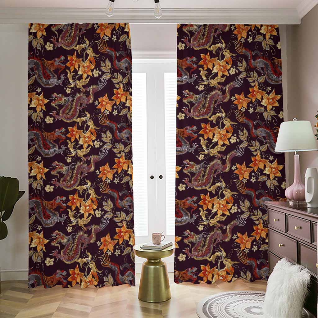 Vintage Dragon Flower Pattern Print Blackout Pencil Pleat Curtains