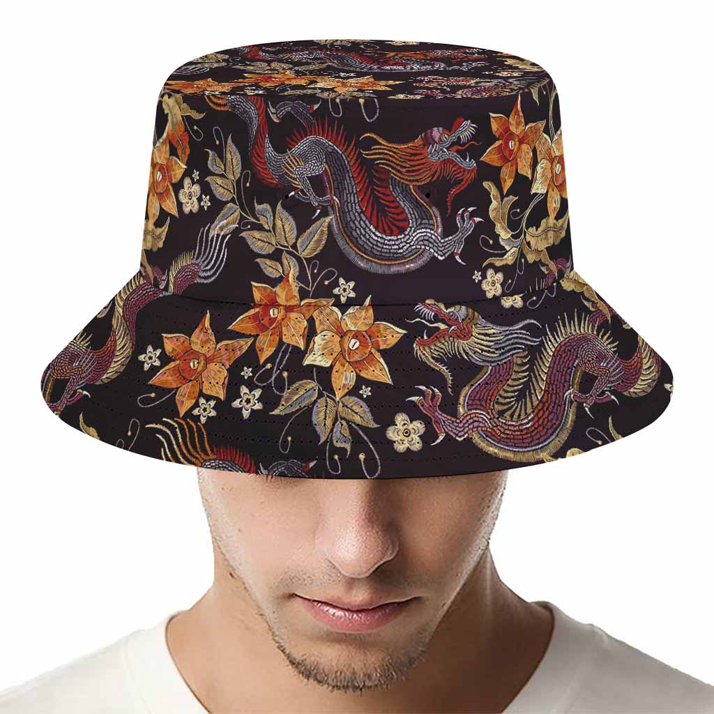 Vintage Dragon Flower Pattern Print Bucket Hat