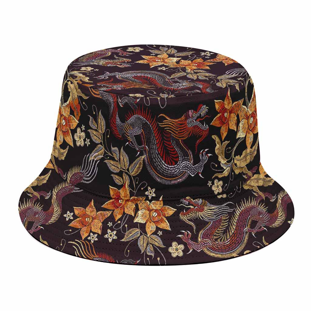 Vintage Dragon Flower Pattern Print Bucket Hat