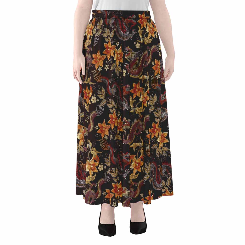 Vintage Dragon Flower Pattern Print Chiffon Maxi Skirt