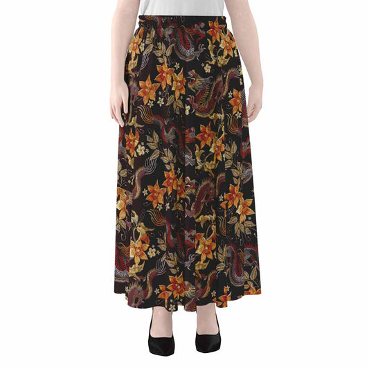 Vintage Dragon Flower Pattern Print Chiffon Maxi Skirt