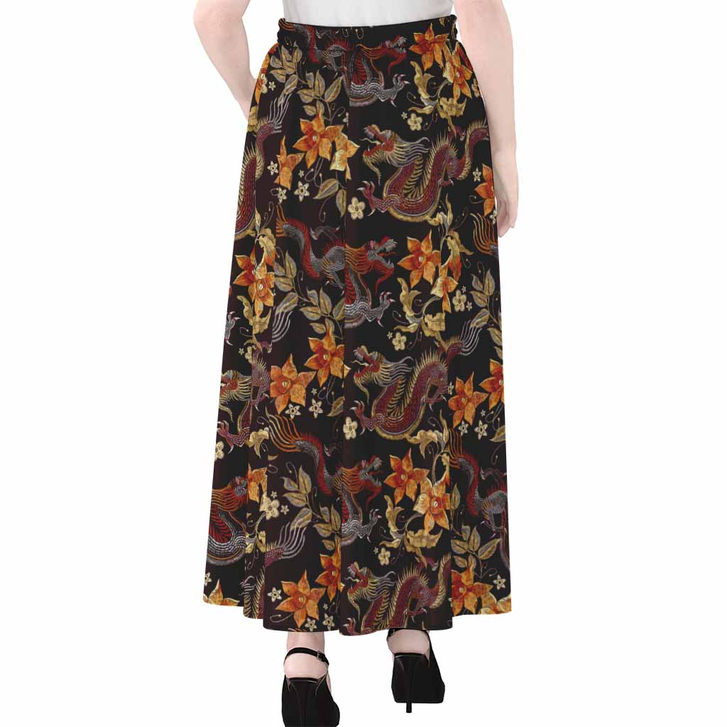 Vintage Dragon Flower Pattern Print Chiffon Maxi Skirt