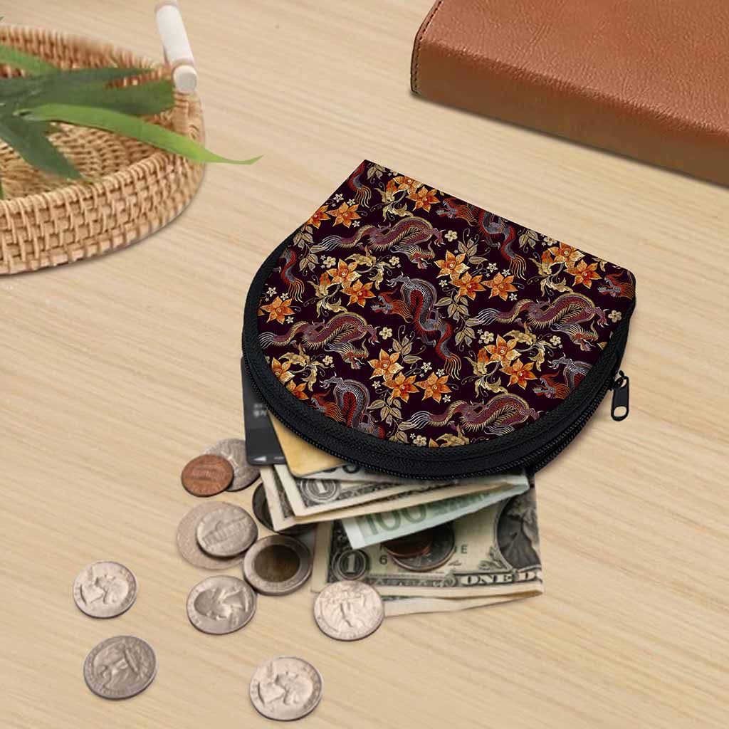 Vintage Dragon Flower Pattern Print Coin Purse
