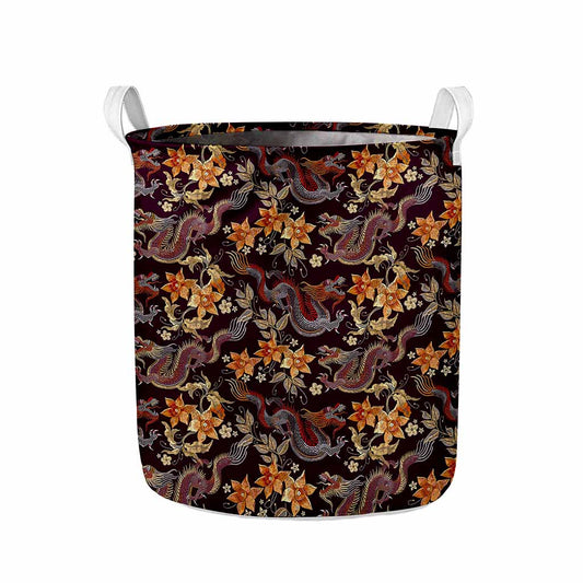 Vintage Dragon Flower Pattern Print Collapsible Laundry Basket