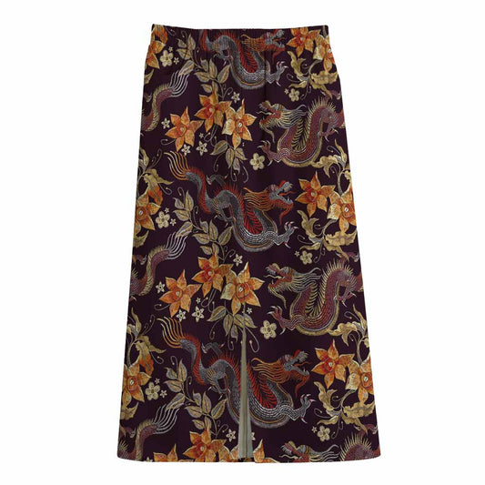 Vintage Dragon Flower Pattern Print Cotton Front Slit Maxi Skirt