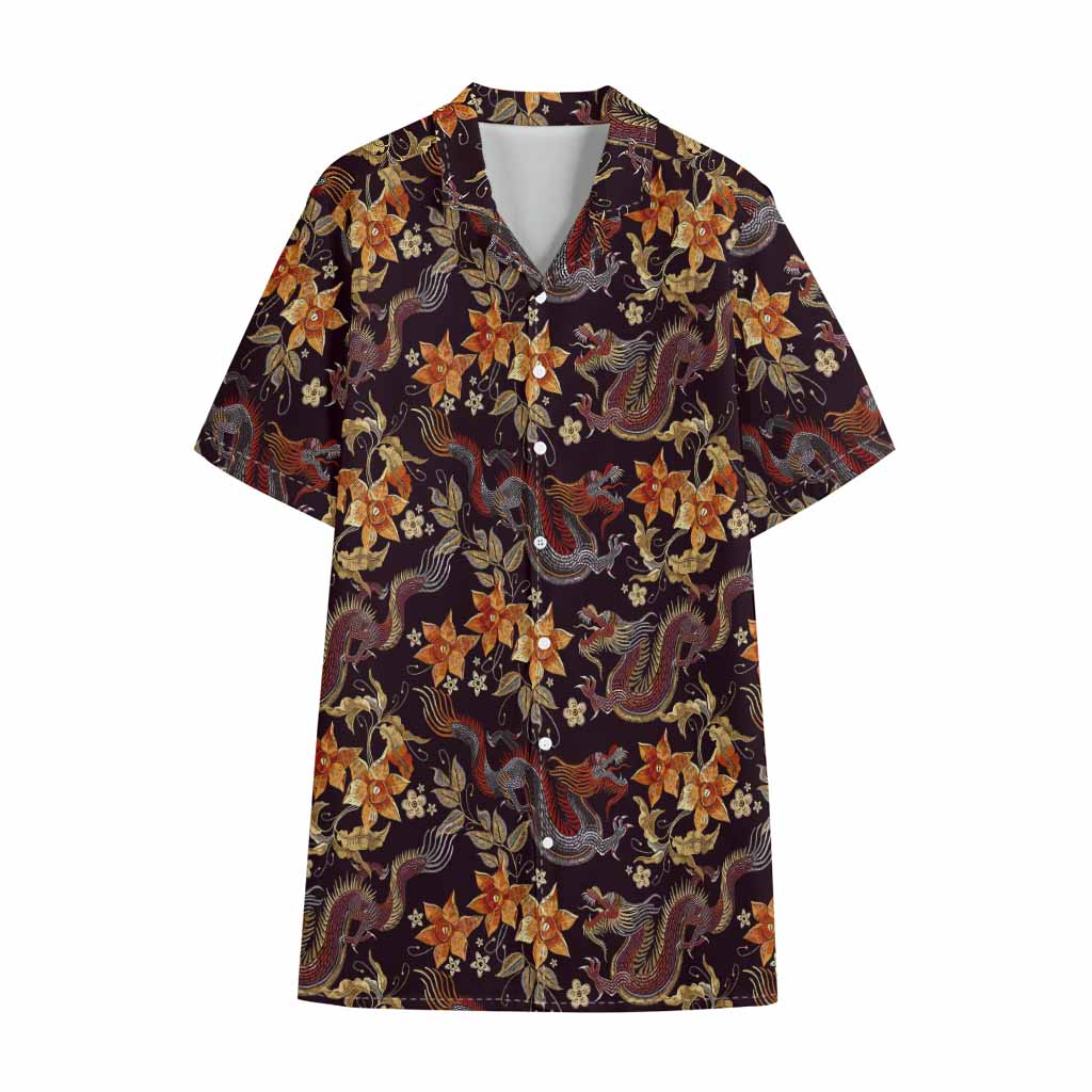 Vintage Dragon Flower Pattern Print Cotton Hawaiian Shirt