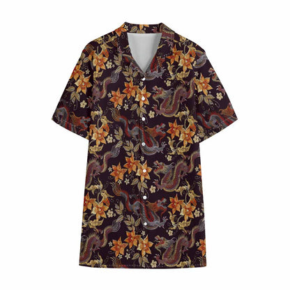 Vintage Dragon Flower Pattern Print Cotton Hawaiian Shirt