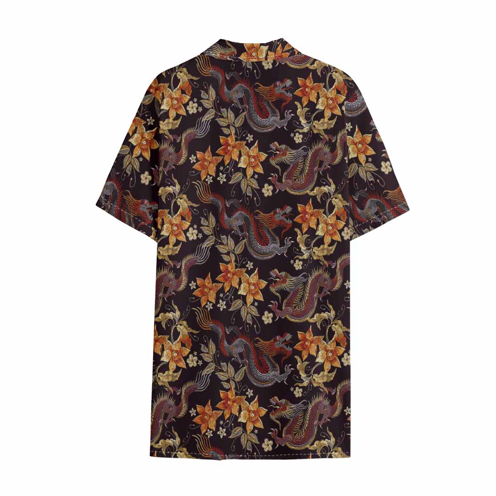 Vintage Dragon Flower Pattern Print Cotton Hawaiian Shirt