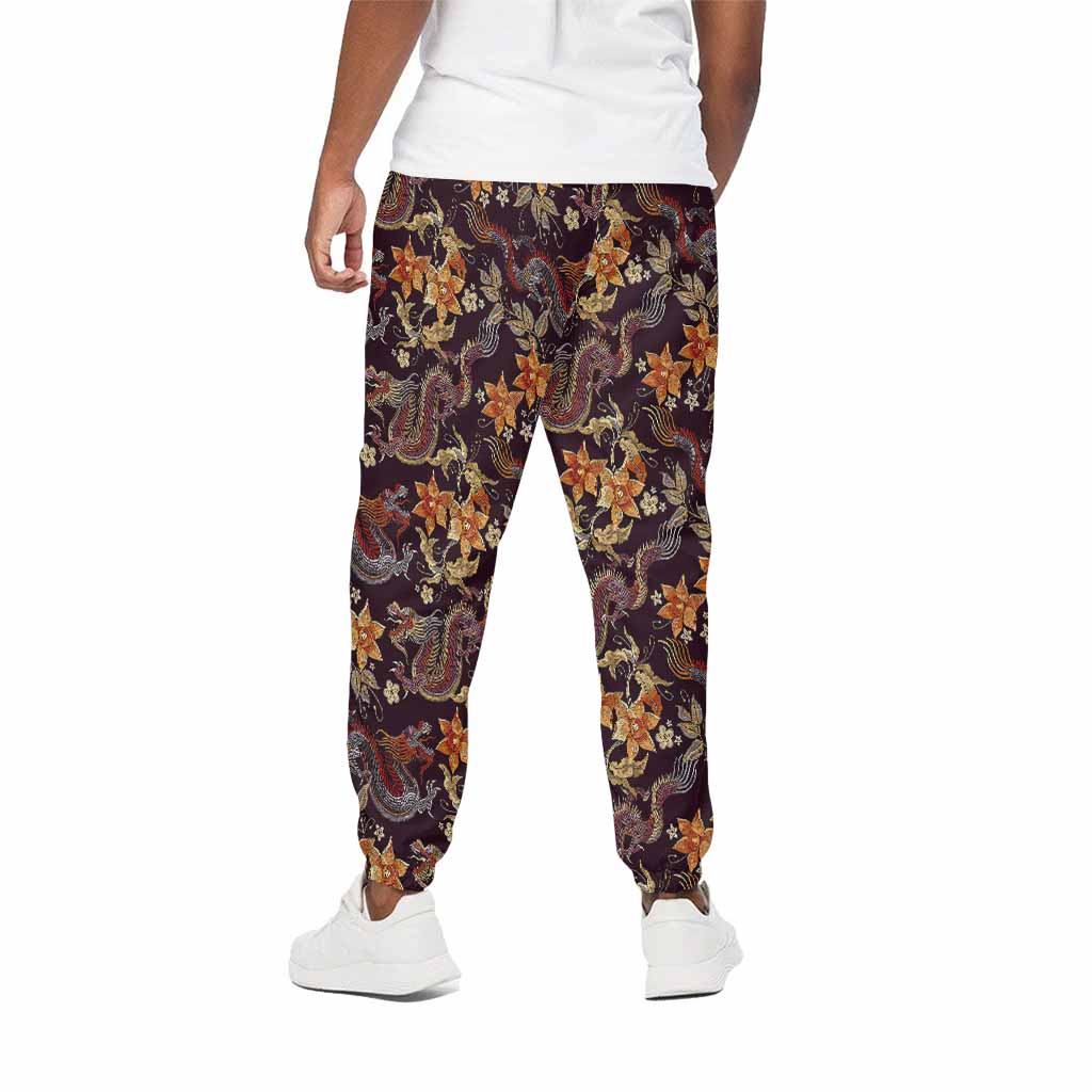 Vintage Dragon Flower Pattern Print Cotton Pants
