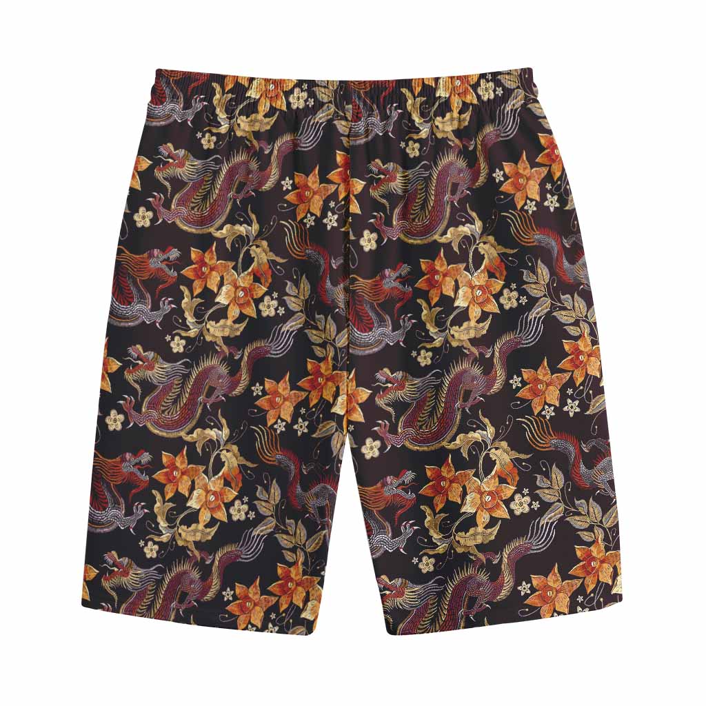 Vintage Dragon Flower Pattern Print Cotton Shorts