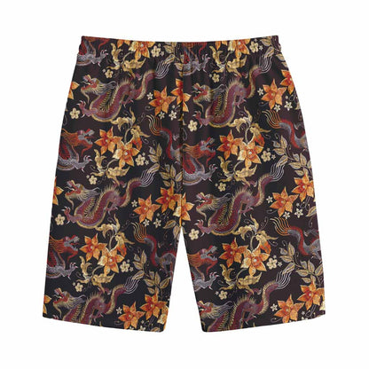 Vintage Dragon Flower Pattern Print Cotton Shorts