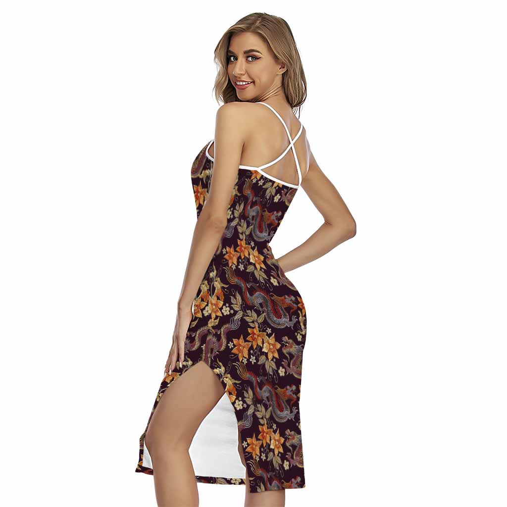 Vintage Dragon Flower Pattern Print Cross Back Cami Dress