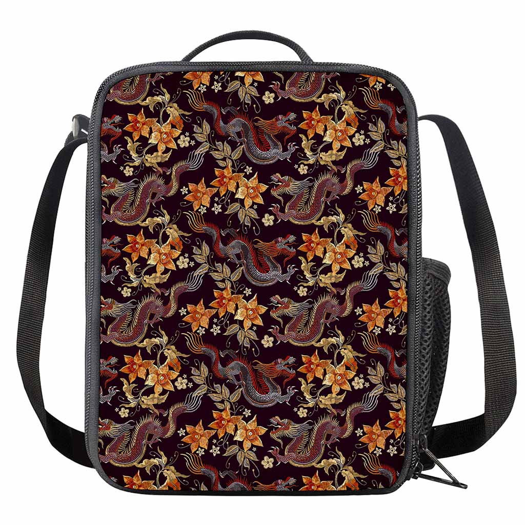 Vintage Dragon Flower Pattern Print Crossbody Lunch Bag
