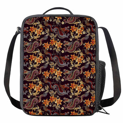 Vintage Dragon Flower Pattern Print Crossbody Lunch Bag