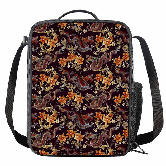 Vintage Dragon Flower Pattern Print Crossbody Lunch Bag